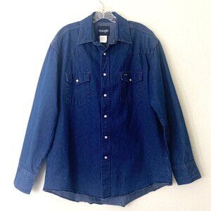 VTG 90s Wrangler Denim Shirt Western Pearl Snap Dark Blue Long Tail Mens Sz L